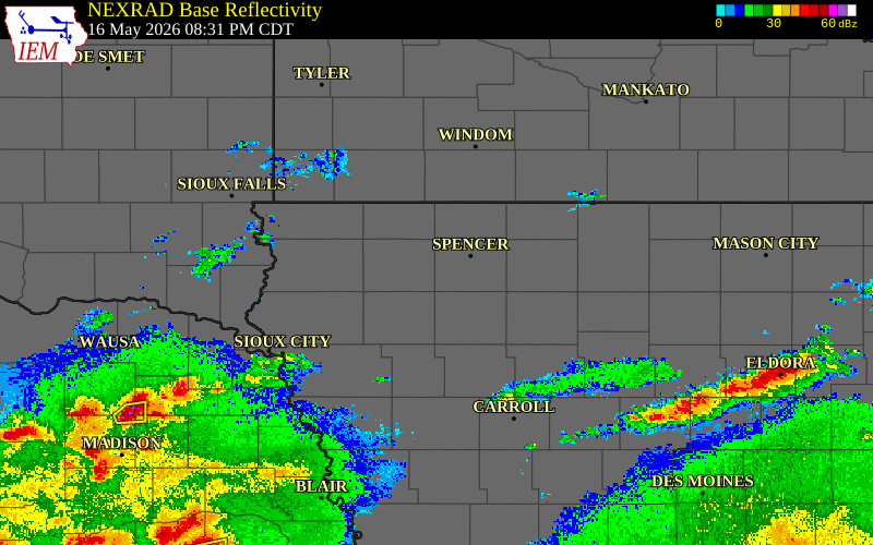 Radar snapshot during the May 16, 2026 tornado event near 5 WSW Royal, Clay County, Iowa, with NWS warning polygons