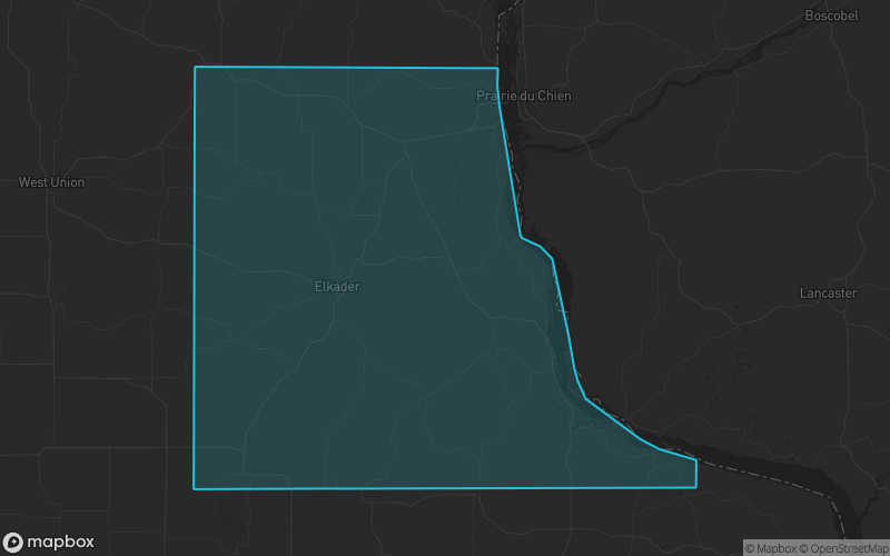 Map of Clayton County, Iowa showing the county boundary and surrounding cities