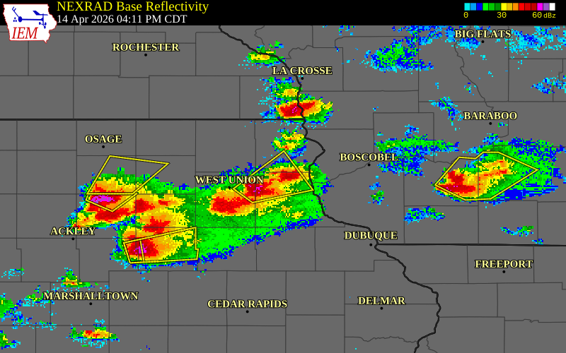 NEXRAD radar during the Tuesday, April 14, 2026 storm activity in Clayton County, Iowa