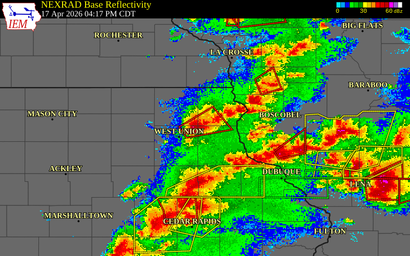 NEXRAD radar during the Friday, April 17, 2026 storm activity in Clayton County, Iowa