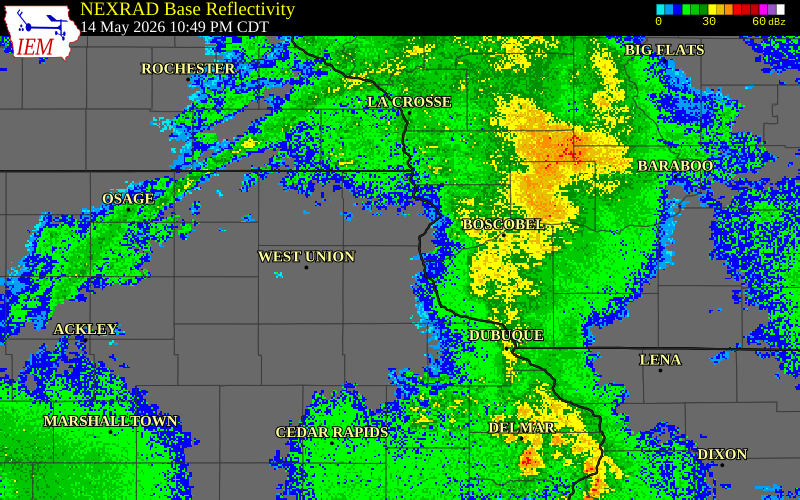 NEXRAD radar during the Thursday, May 14, 2026 storm activity in Clayton County, Iowa