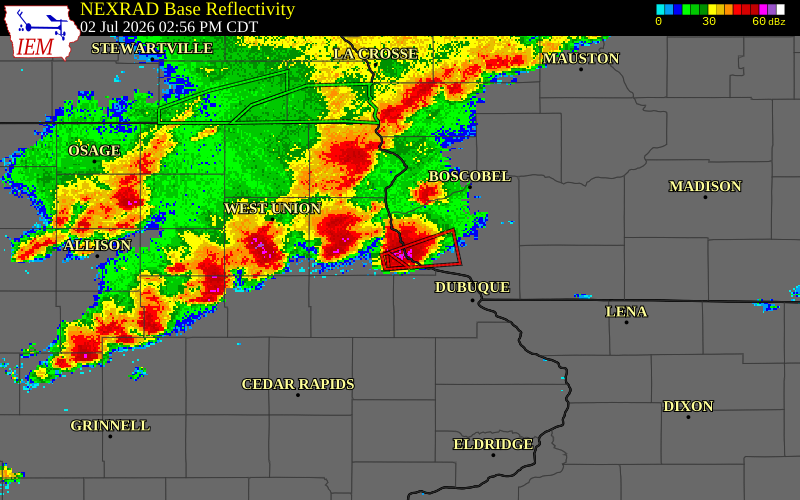NEXRAD radar during the Thursday, July 2, 2026 storm activity in Clayton County, Iowa