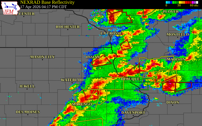 Radar snapshot during the Apr 17, 2026 tornado event near 3 SE Postville, Clayton County, Iowa, with NWS warning polygons