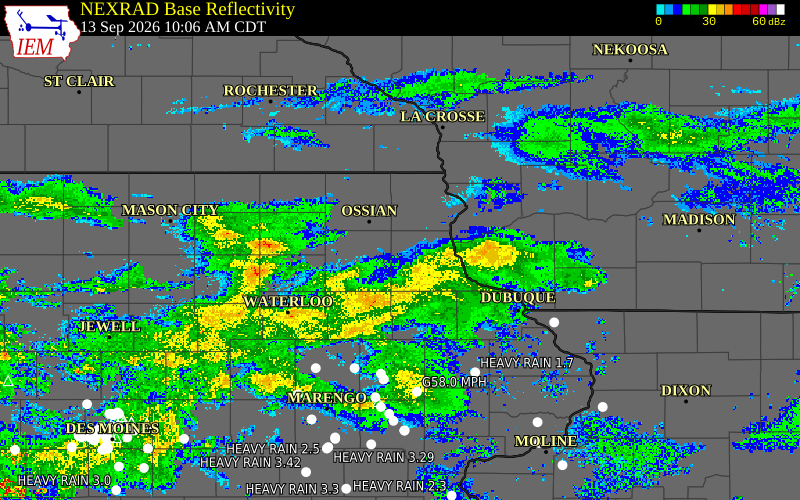 Current NEXRAD radar over Clayton County, Iowa with recent storm report locations
