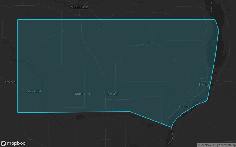 Map of Clinton County, Iowa showing the county boundary and surrounding cities