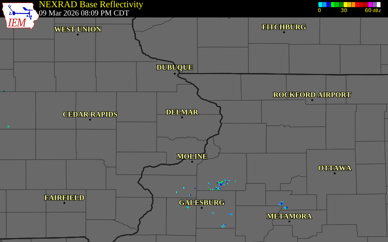 NEXRAD radar during the Monday, March 9, 2026 storm activity in Clinton County, Iowa