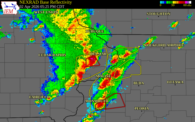 NEXRAD radar during the Thursday, April 2, 2026 storm activity in Clinton County, Iowa