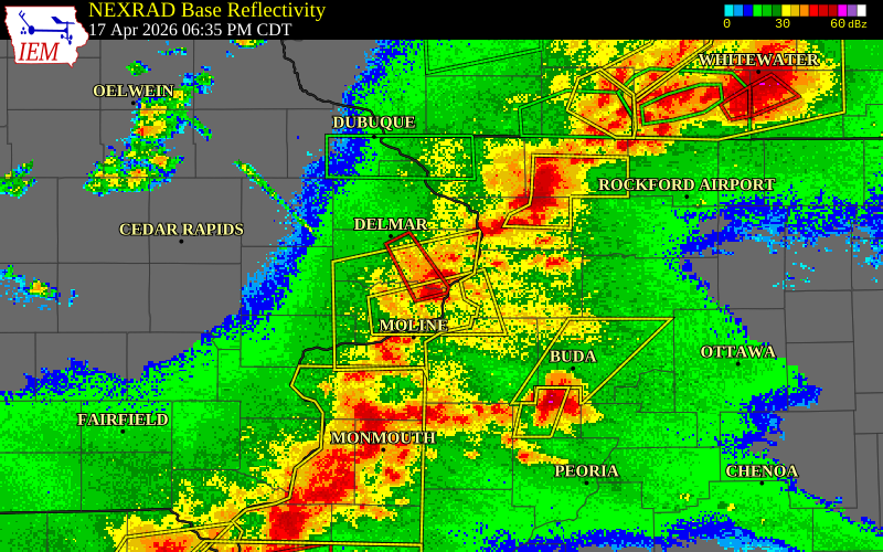 NEXRAD radar during the Friday, April 17, 2026 storm activity in Clinton County, Iowa