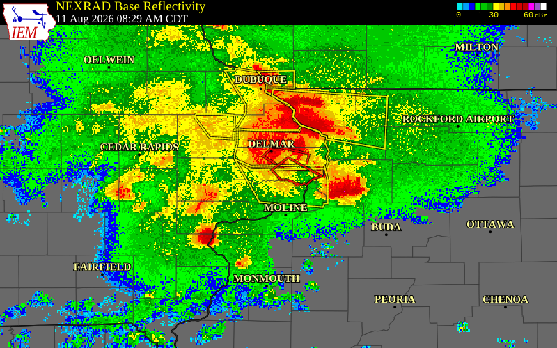 NEXRAD radar during the Tuesday, August 11, 2026 storm activity in Clinton County, Iowa