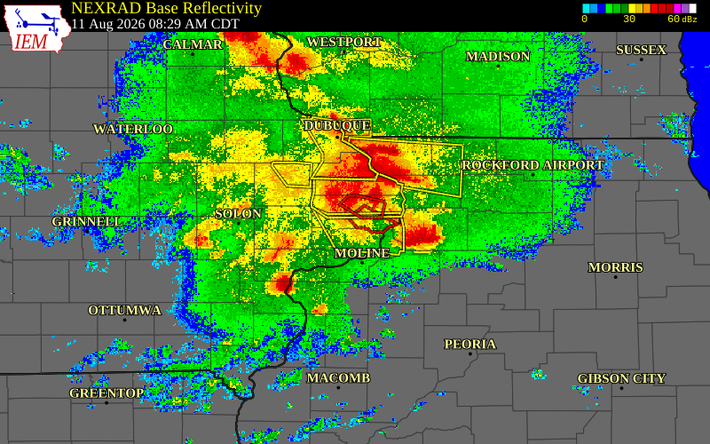 Radar snapshot during the Aug 11, 2026 tornado event near Dewitt, Clinton County, Iowa, with NWS warning polygons