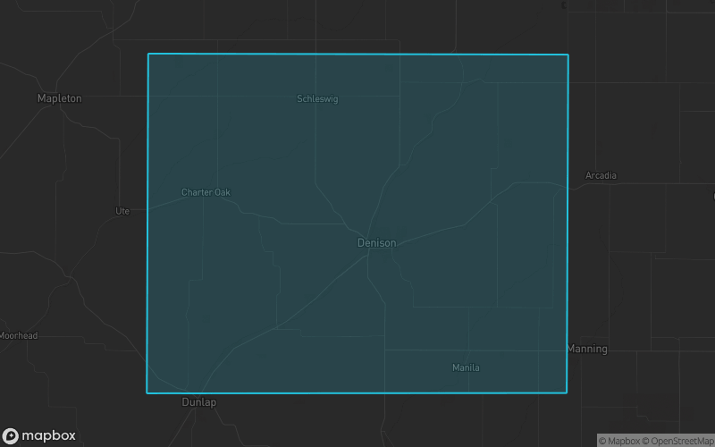 Map of Crawford County, Iowa showing the county boundary and surrounding cities