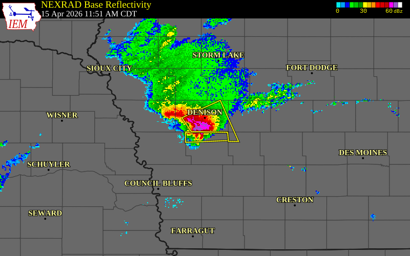 NEXRAD radar during the Wednesday, April 15, 2026 storm activity in Crawford County, Iowa