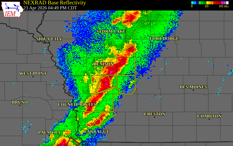 NEXRAD radar during the Thursday, April 23, 2026 storm activity in Crawford County, Iowa
