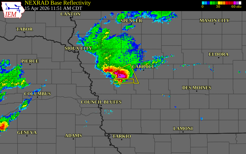 Radar snapshot during the Apr 15, 2026 hail event near 2 E Buck Grove, Crawford County, Iowa, with NWS warning polygons