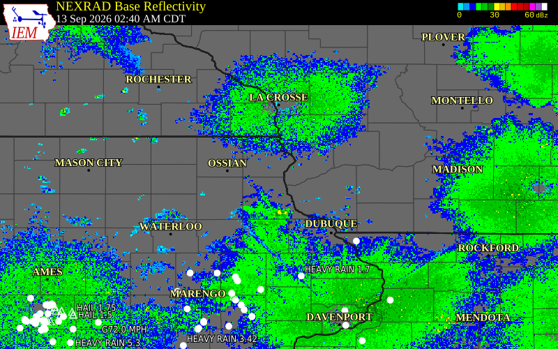 Current NEXRAD radar over Crawford County, Iowa with recent storm report locations