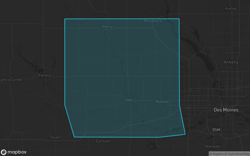 Map of Dallas County, Iowa showing the county boundary and surrounding cities