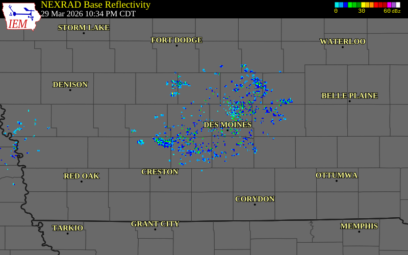 NEXRAD radar during the Sunday, March 29, 2026 storm activity in Dallas County, Iowa