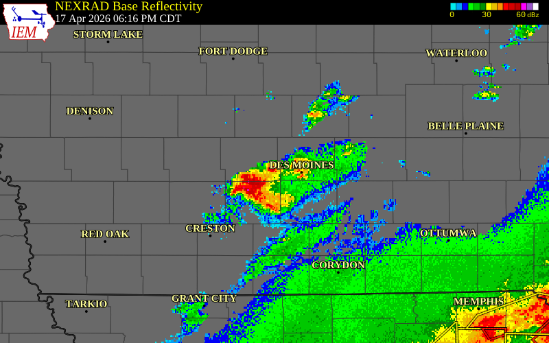 NEXRAD radar during the Friday, April 17, 2026 storm activity in Dallas County, Iowa