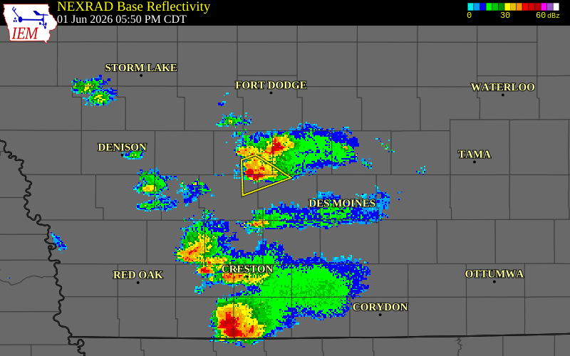 NEXRAD radar during the Monday, June 1, 2026 storm activity in Dallas County, Iowa