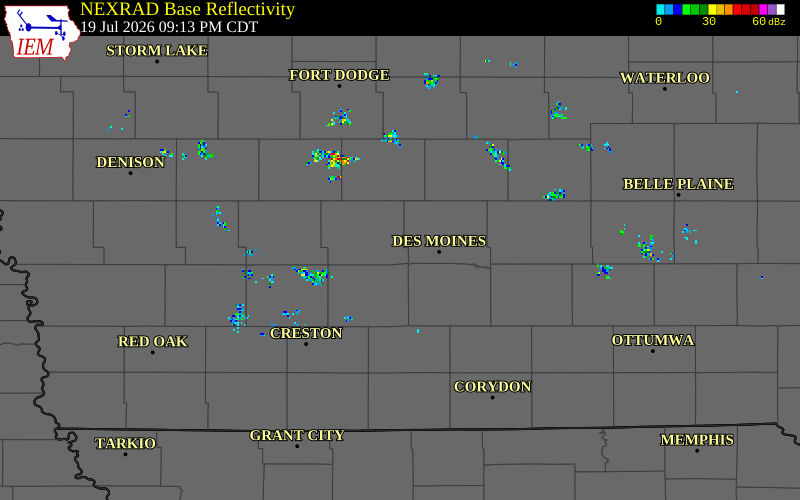 NEXRAD radar during the Sunday, July 19, 2026 storm activity in Dallas County, Iowa
