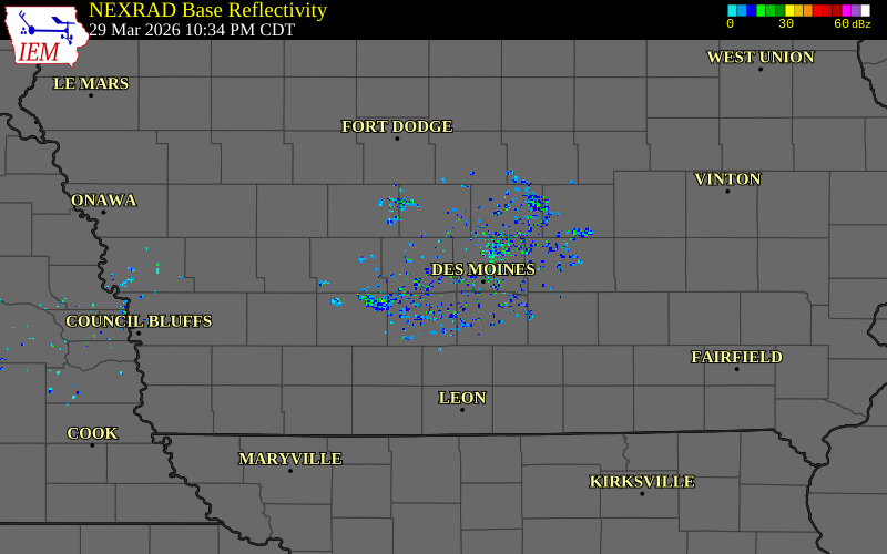 Radar snapshot during the Mar 29, 2026 hail event near 1 W Waukee, Dallas County, Iowa, with NWS warning polygons