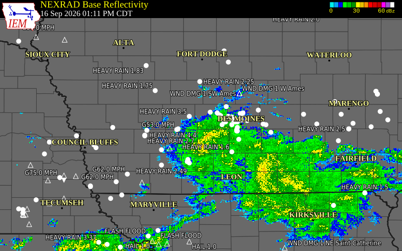 Current NEXRAD radar over Dallas County, Iowa with recent storm report locations