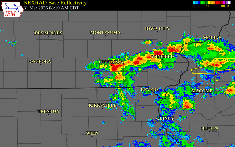 NEXRAD radar during the Tuesday, March 31, 2026 storm activity in Davis County, Iowa