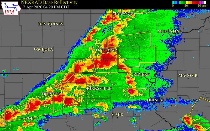 NEXRAD radar during the Friday, April 17, 2026 storm activity in Davis County, Iowa