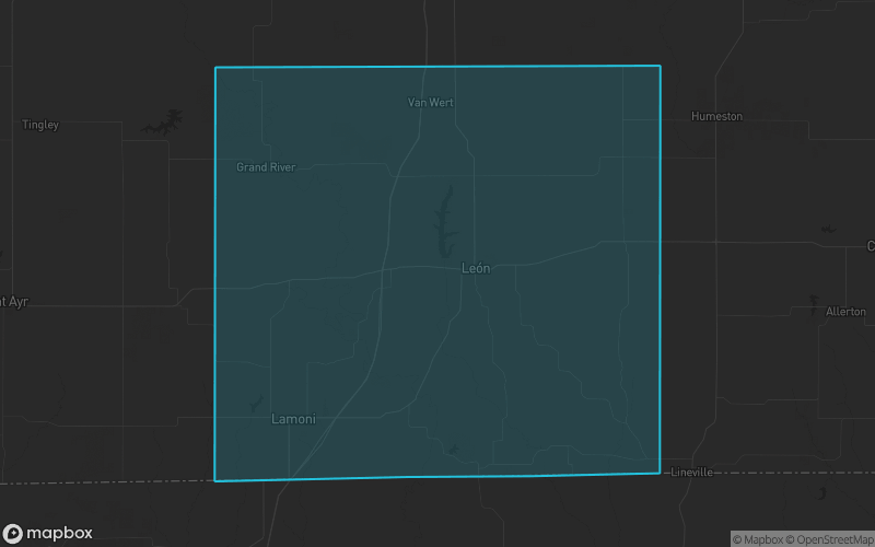 Map of Decatur County, Iowa showing the county boundary and surrounding cities