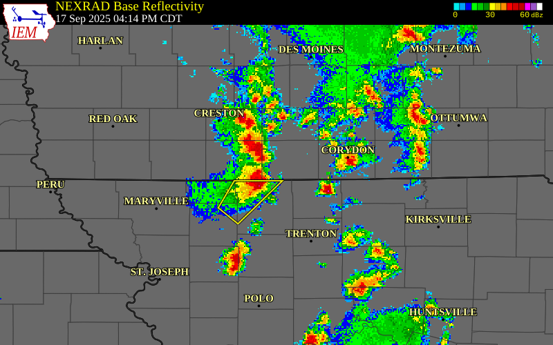 NEXRAD radar during the Wednesday, September 17, 2025 storm activity in Decatur County, Iowa