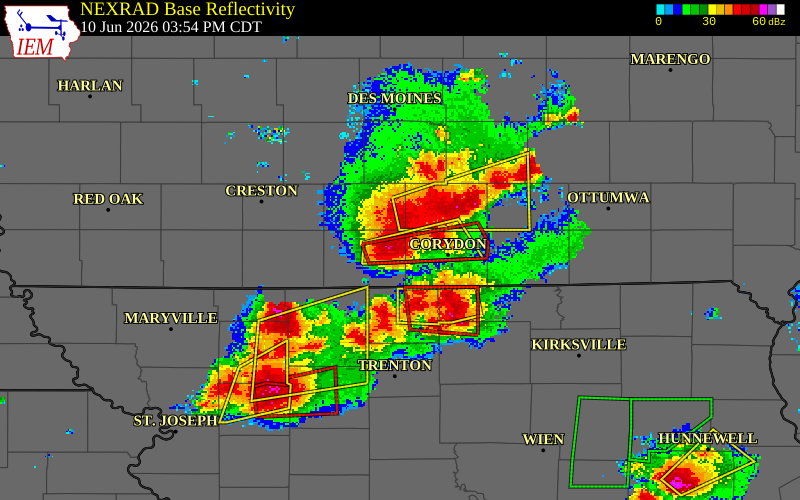 NEXRAD radar during the Wednesday, June 10, 2026 storm activity in Decatur County, Iowa