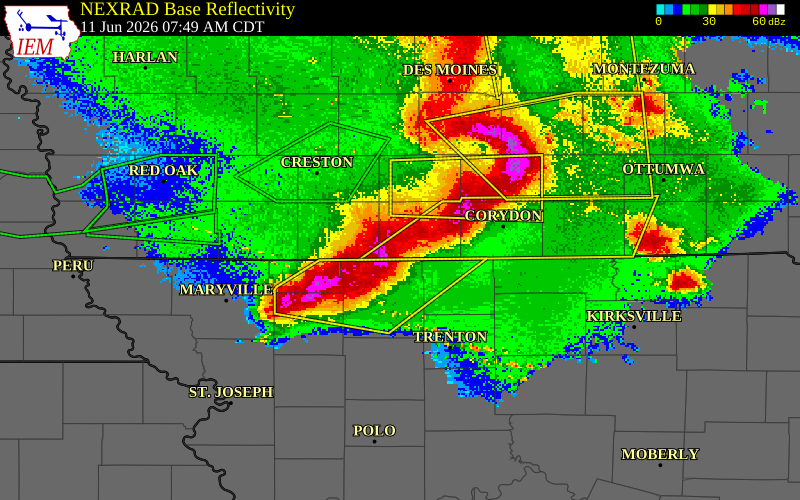 NEXRAD radar during the Thursday, June 11, 2026 storm activity in Decatur County, Iowa