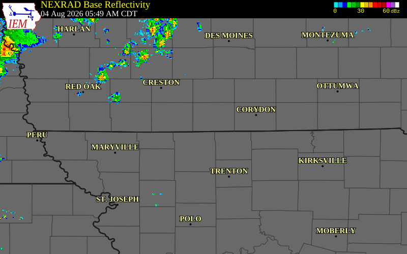 NEXRAD radar during the Tuesday, August 4, 2026 storm activity in Decatur County, Iowa