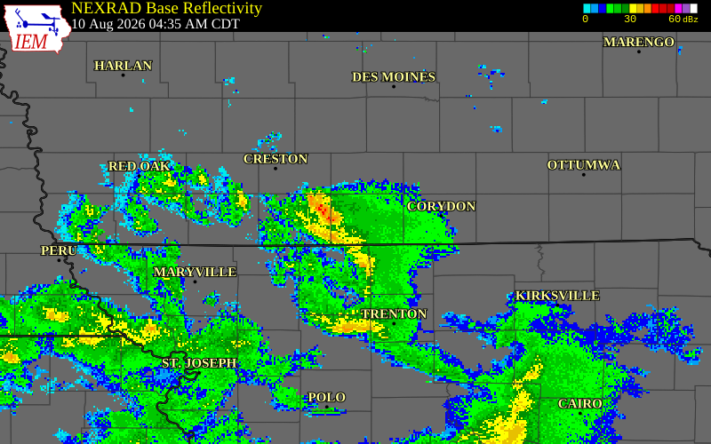NEXRAD radar during the Monday, August 10, 2026 storm activity in Decatur County, Iowa