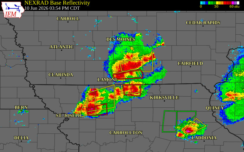 Radar snapshot during the Jun 10, 2026 tornado event near 3 SSE Garden Grove, Decatur County, Iowa, with NWS warning polygons