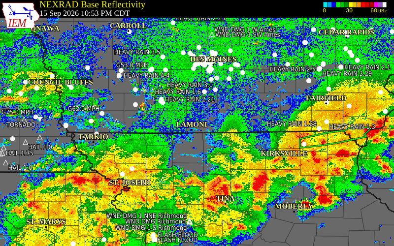 Current NEXRAD radar over Decatur County, Iowa with recent storm report locations