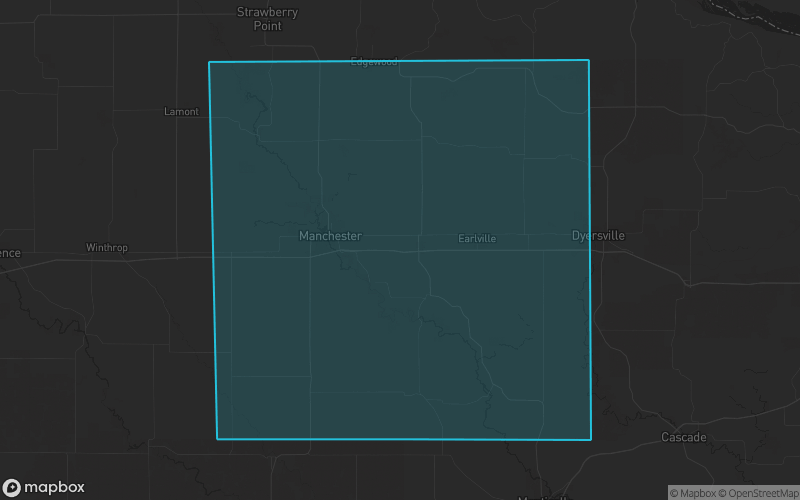 Map of Delaware County, Iowa showing the county boundary and surrounding cities