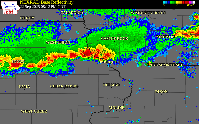 NEXRAD radar during the Monday, September 22, 2025 storm activity in Delaware County, Iowa