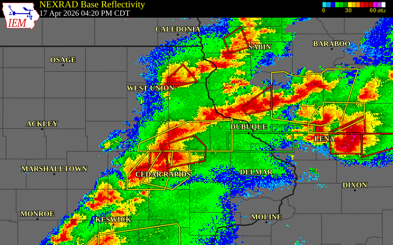 NEXRAD radar during the Friday, April 17, 2026 storm activity in Delaware County, Iowa