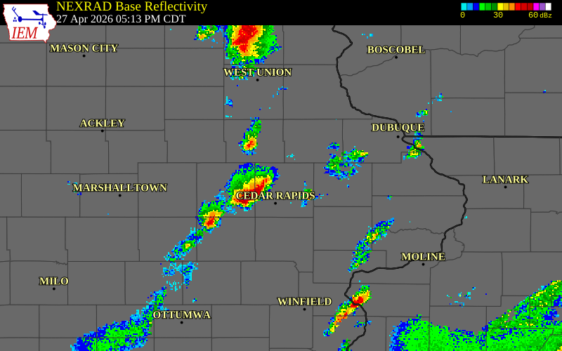 NEXRAD radar during the Monday, April 27, 2026 storm activity in Delaware County, Iowa