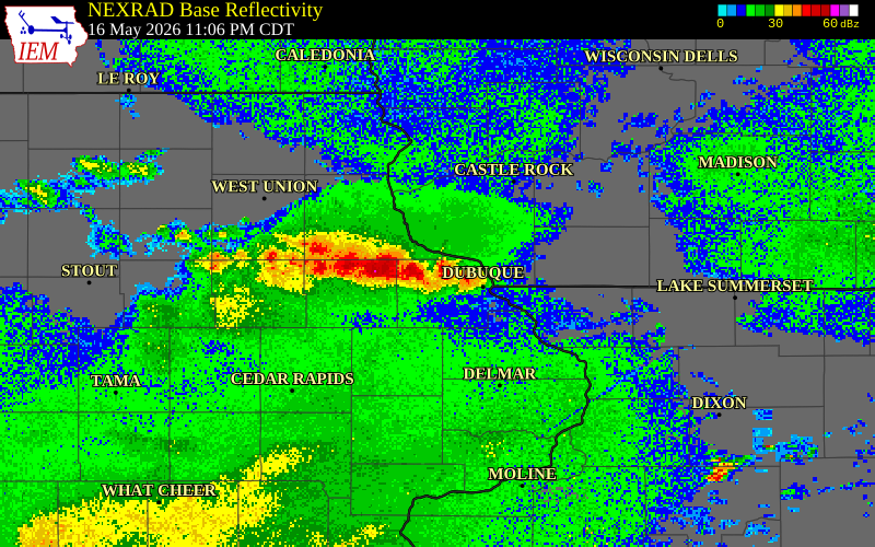 NEXRAD radar during the Saturday, May 16, 2026 storm activity in Delaware County, Iowa