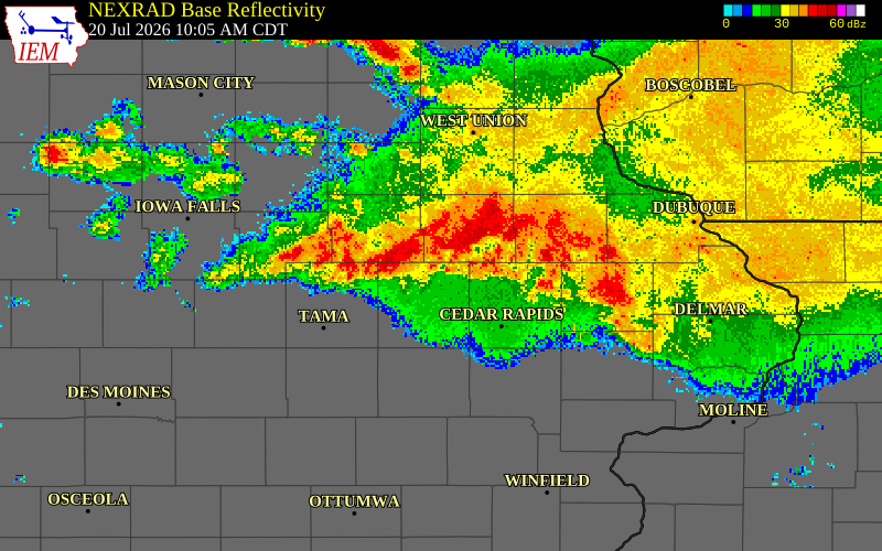 NEXRAD radar during the Monday, July 20, 2026 storm activity in Delaware County, Iowa