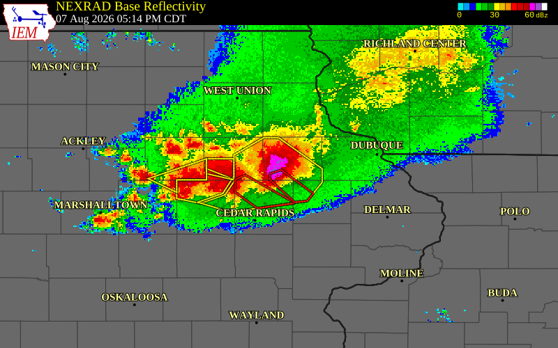 NEXRAD radar during the Friday, August 7, 2026 storm activity in Delaware County, Iowa