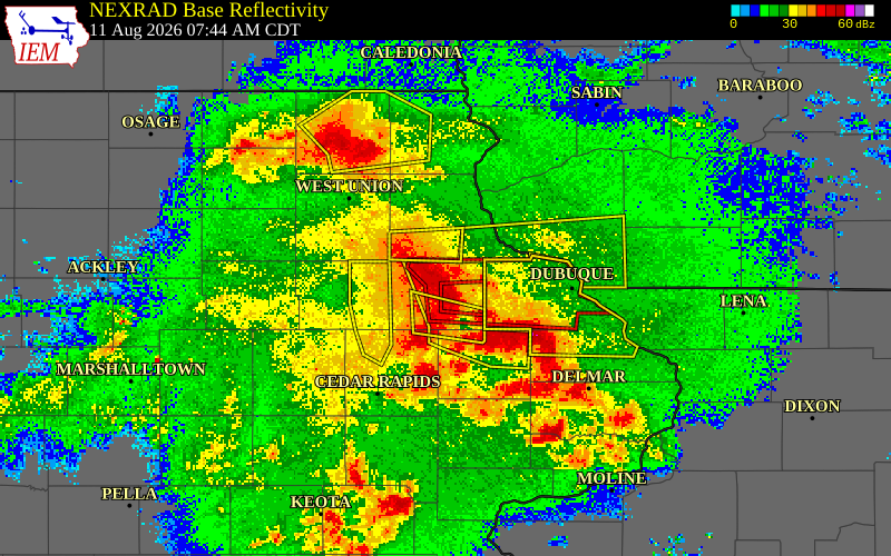 NEXRAD radar during the Tuesday, August 11, 2026 storm activity in Delaware County, Iowa