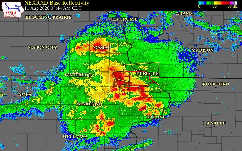 Radar snapshot during the Aug 11, 2026 tornado event near 2 SSE Greeley, Delaware County, Iowa, with NWS warning polygons