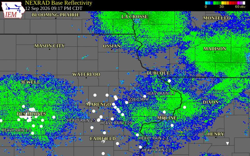 Current NEXRAD radar over Delaware County, Iowa with recent storm report locations