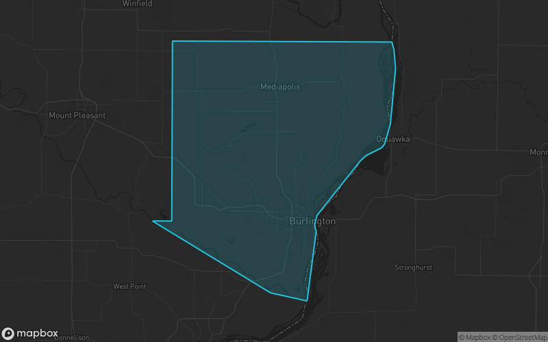 Map of Des Moines County, Iowa showing the county boundary and surrounding cities