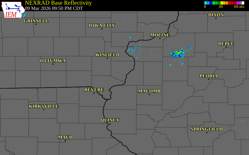 NEXRAD radar during the Monday, March 9, 2026 storm activity in Des Moines County, Iowa