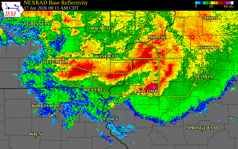 NEXRAD radar during the Wednesday, June 17, 2026 storm activity in Des Moines County, Iowa