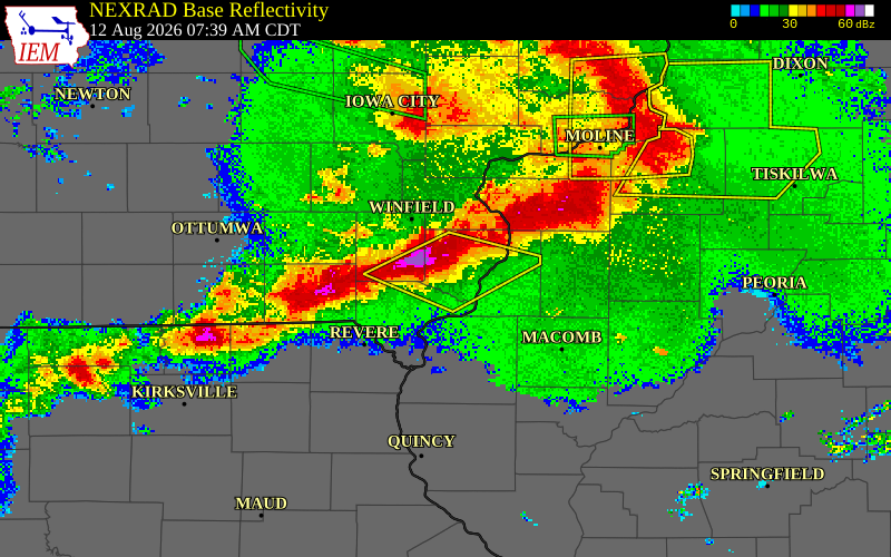 NEXRAD radar during the Wednesday, August 12, 2026 storm activity in Des Moines County, Iowa